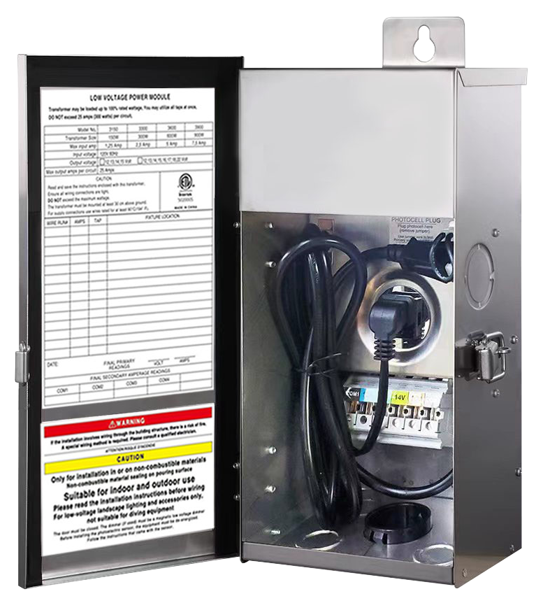 Low Voltage Transformer with Timer (Stainless Steel) 120Vac 150W Output Multi-Tap 12/13/14/15Vac 1PK