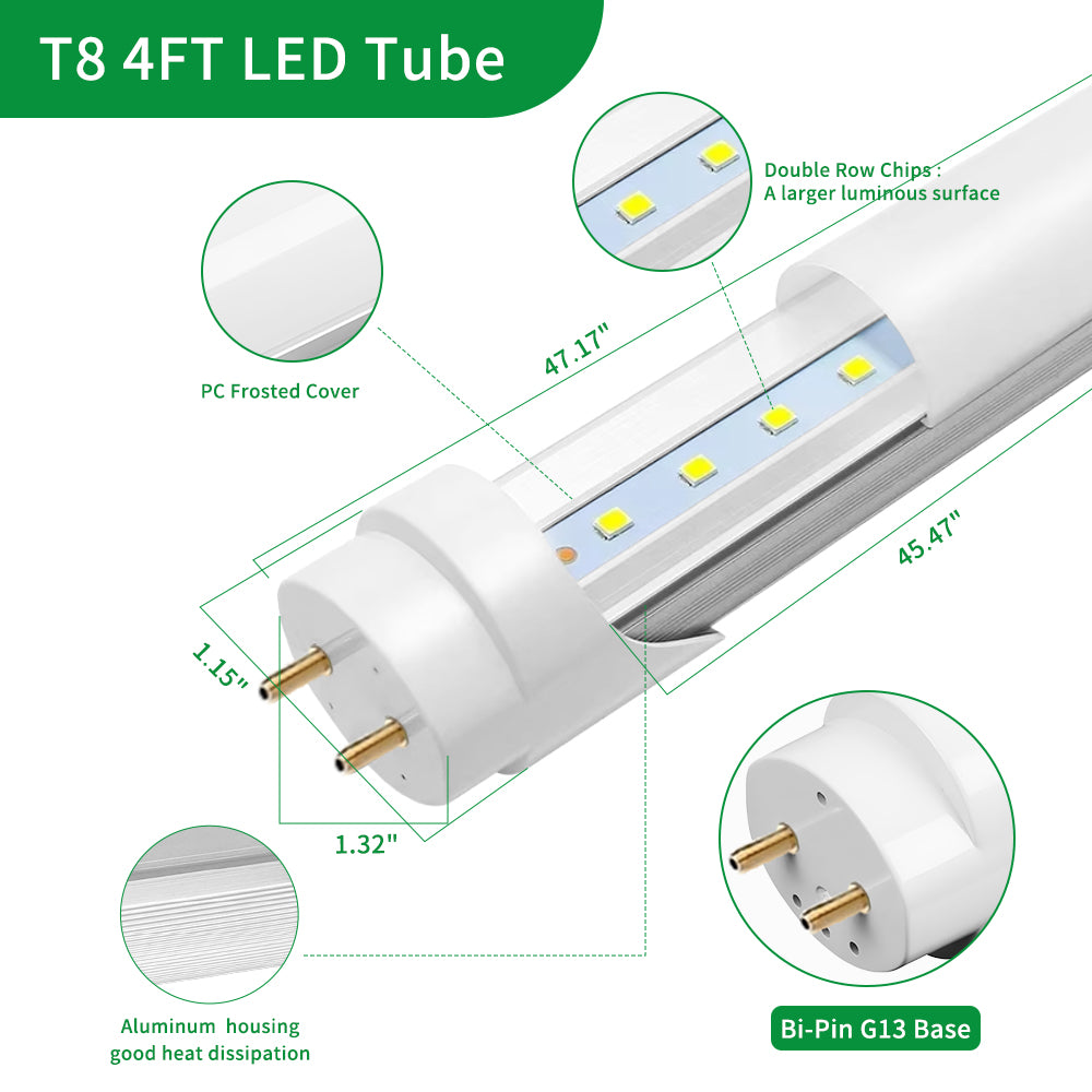 Haloitte Lighting T8 4FT LED Tube Light 120-277Vac Selectable Wattage and CCT Frosted Cover Type A+B Plug Play Single & Dual End Power Input 30PK