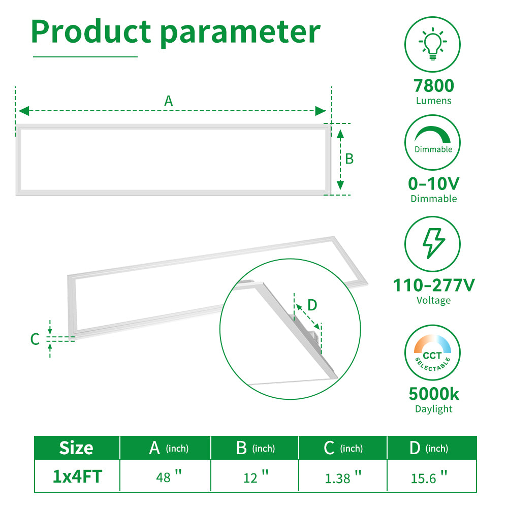 1x4FT LED Panel Light 120-277Vac 40W (5 Watts) 5000K (4 CCT) 0-10V Dim 5200LM 2PK