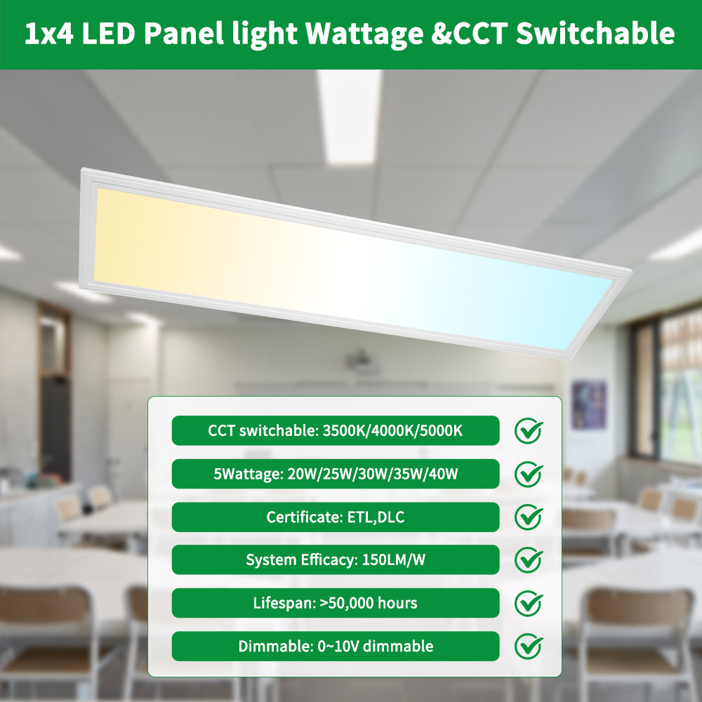 1x4FT LED Panel Light 120-277Vac 40W (5 Watts) 5000K (4 CCT) 0-10V Dim 5200LM 2PK