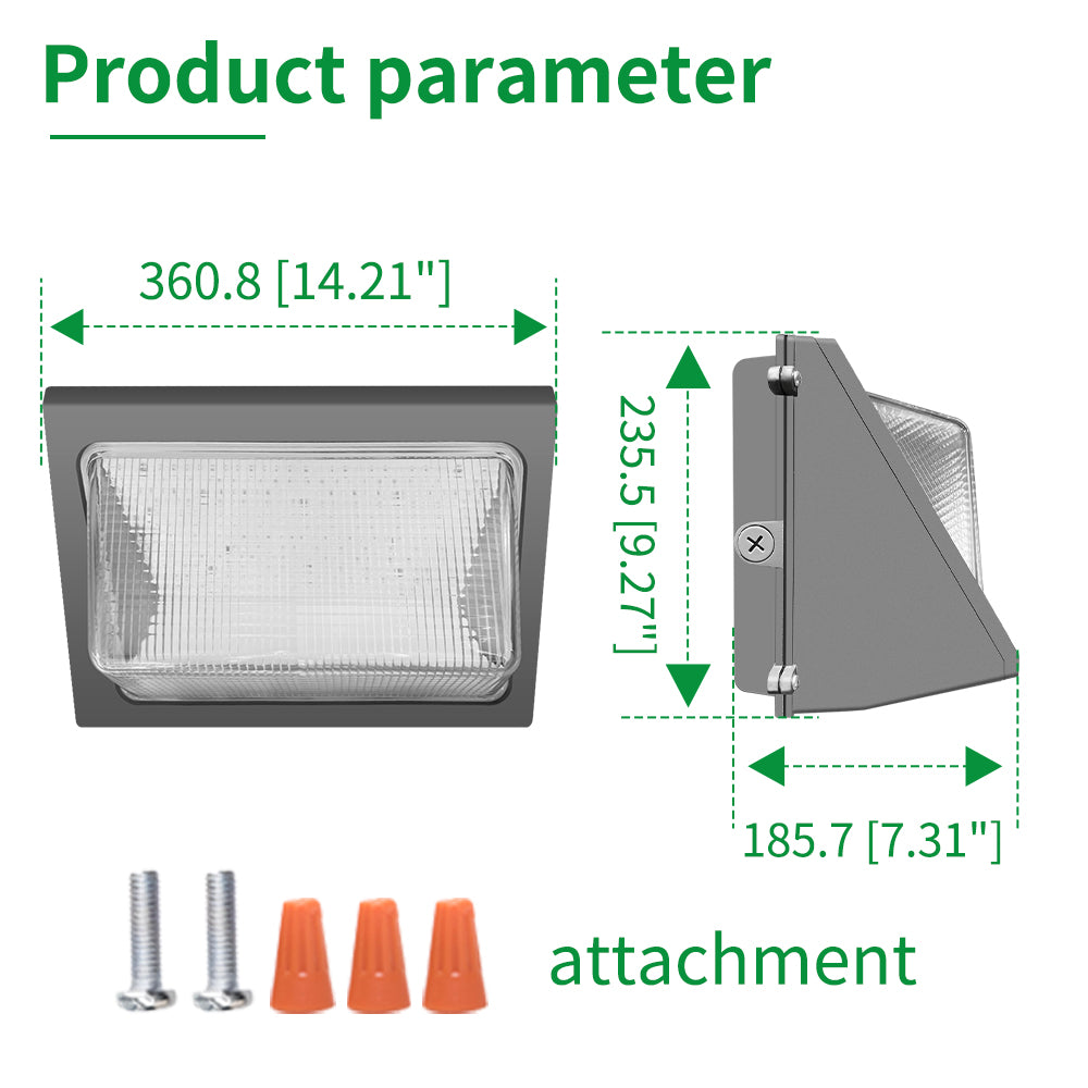 Haloitte Lighting LED Wall Pack Light with Photocell 120-277Vac Selectable Wattage 45W to 80W Selectable CCT 3500K to 5000K 0-10V Dim PC Lens