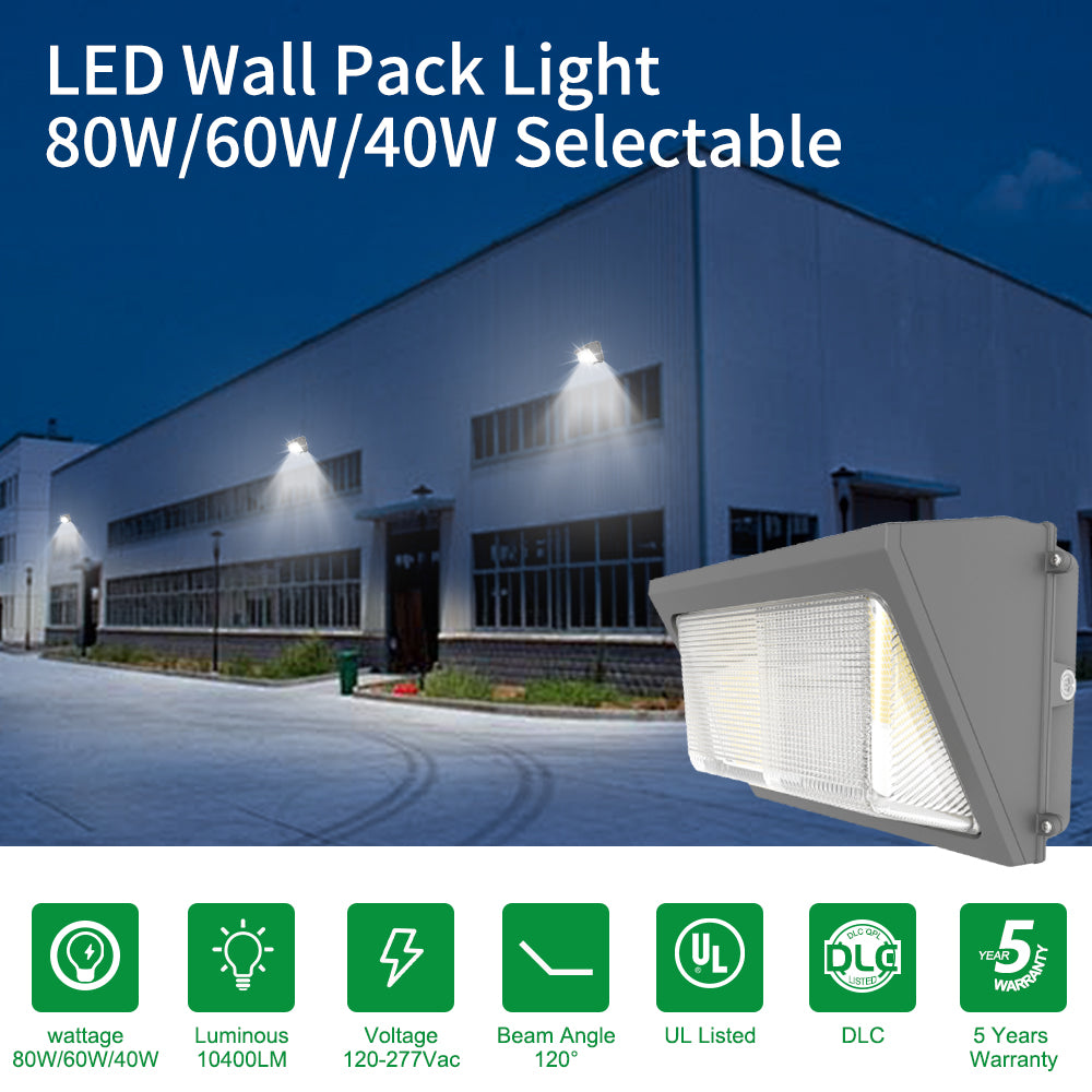 Haloitte Lighting LED Wall Pack Light with Photocell 120-277Vac Selectable Wattage 45W to 80W Selectable CCT 3500K to 5000K 0-10V Dim PC Lens