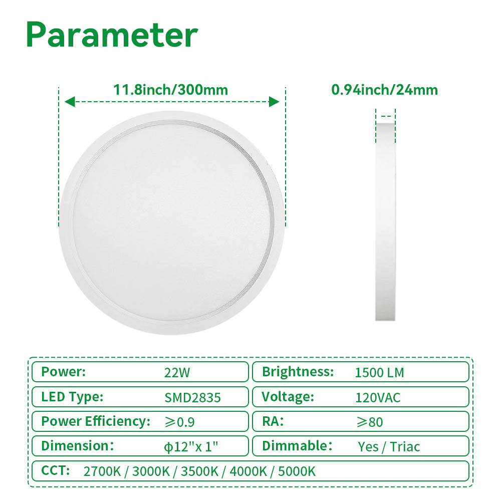 Haloitte Lighting 12 Inch 22W Round Downlight 120Vac Selectable CCT 2700K to 5000K 1-10V Traic Dim CRI 80+ 1500LM 2PK