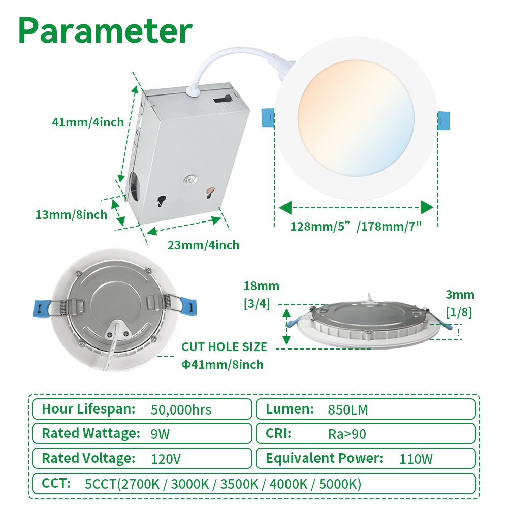 Haloitte Lighting 4 Inch 9.5W Slim Recessed Light 120Vac Selectable CCT 2700K to 5000K 1-10V Traic Dim CRI 90+ 665LM 6PK