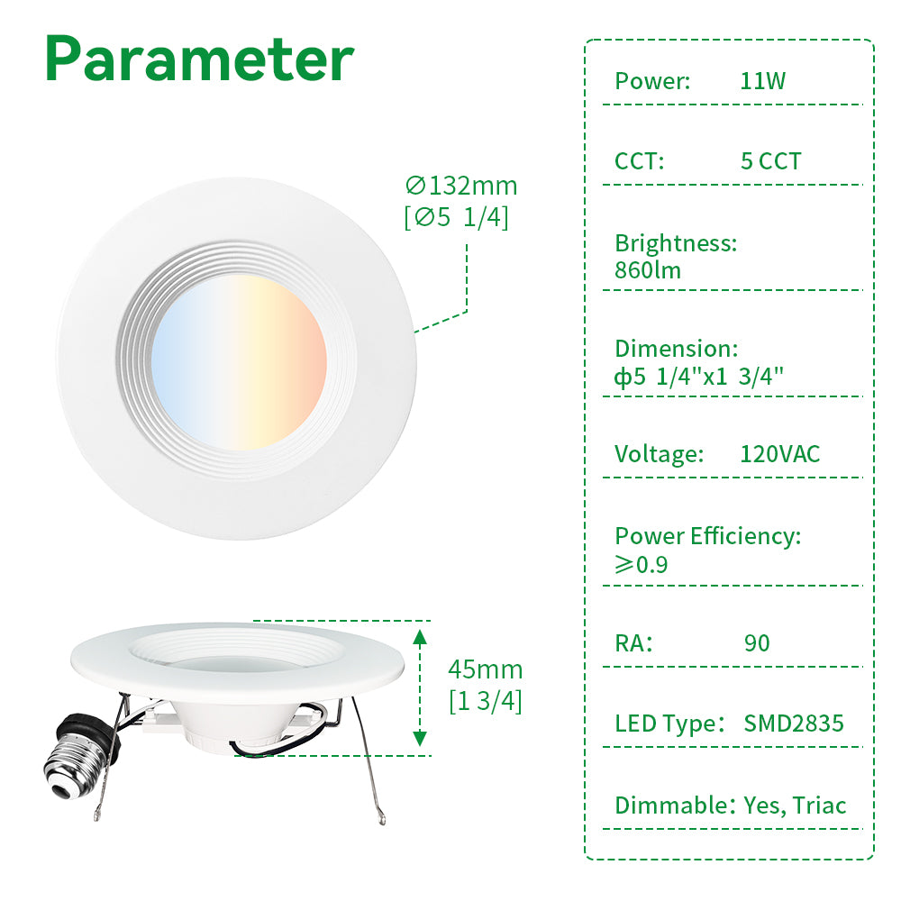 Haloitte Lighting 4 Inch 11W Retrofit Downlight Recessed Ceiling Light 120Vac Selectable CCT 2700K to 5000K CRI90+ 1-10V Triac Dim 860LM 6PK