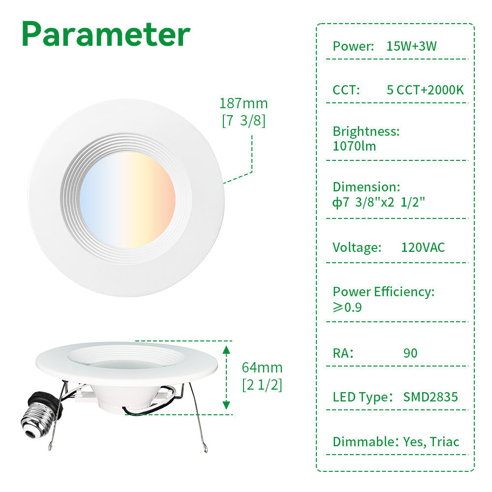 Haloitte Lighting 6 Inch 11W Retrofit Recessed Downlight with 3W Nightlight Trim 120Vac Selectable CCT 2700K to 5000K 1-10V Triac Dim CRI 90+ 1070LM 6PK