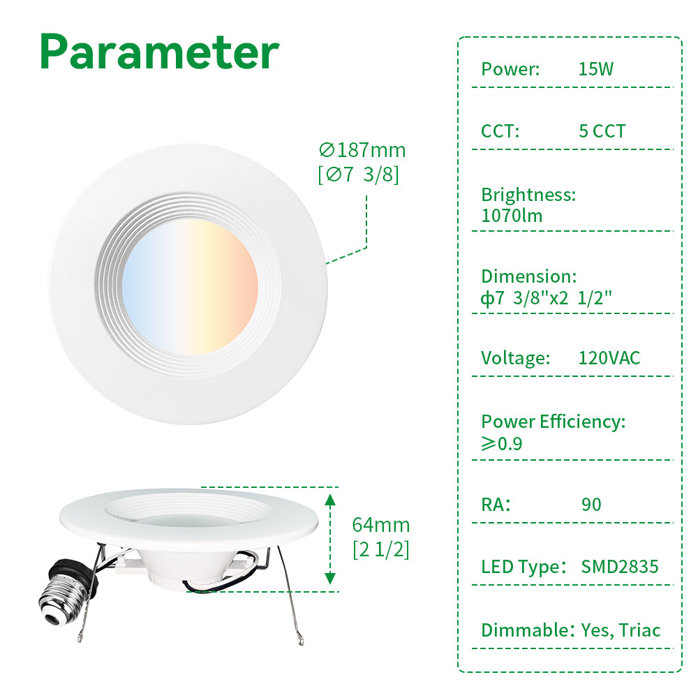 Haloitte Lighting 6 Inch 15W Retrofit Downlight Recessed Ceiling Light 120Vac Selectable CCT 2700K to 5000K CRI90+ 1-10V Triac Dim 1070LM 6PK