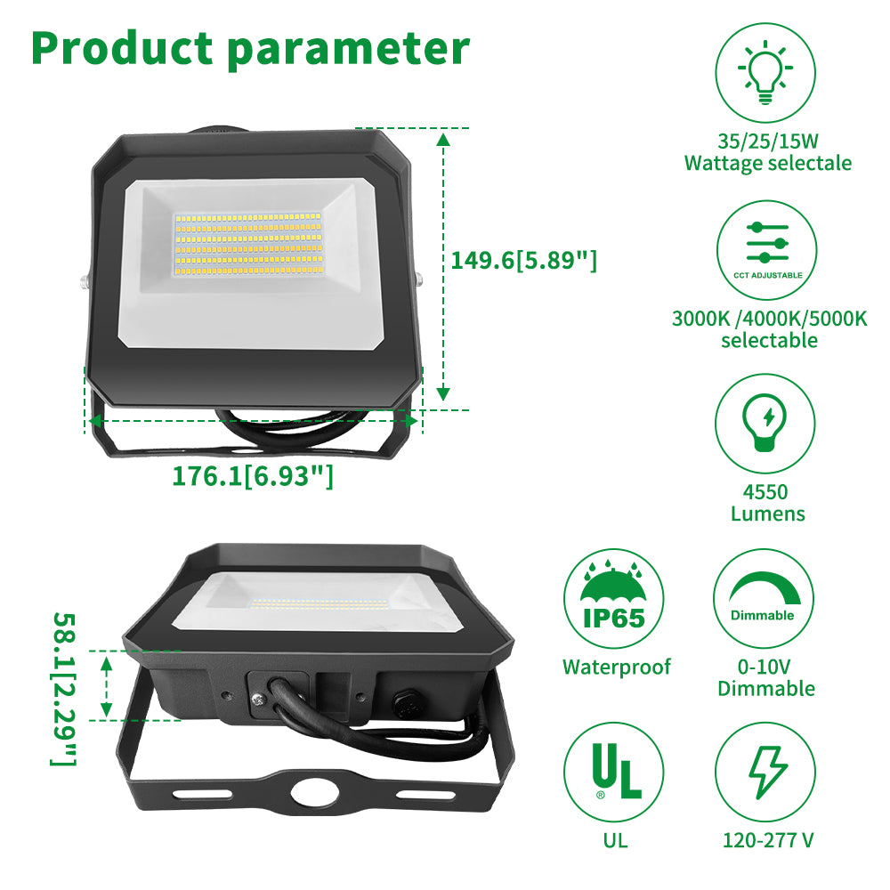 Haloitte Lighting LED Flood Light with Bypassable Photocell 120-277Vac Selectable Wattage 100W to 150W Selectable CCT 3000K to 5000K 0-10V Dim IP65 Outdoor