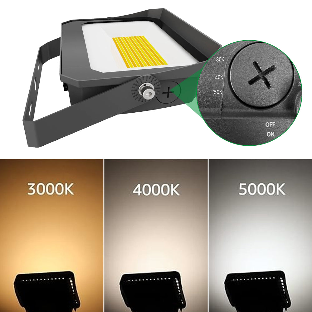 Haloitte Lighting LED Flood Light with Bypassable Photocell 120-277Vac Selectable Wattage 100W to 150W Selectable CCT 3000K to 5000K 0-10V Dim IP65 Outdoor