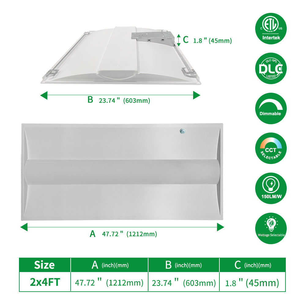 2x4FT LED Troffer Lights with Emergency Battery Backup 120-277Vac 50W (5 Watts) 5000K(4 CCT) 0-10V Dim 7500LM 2PK