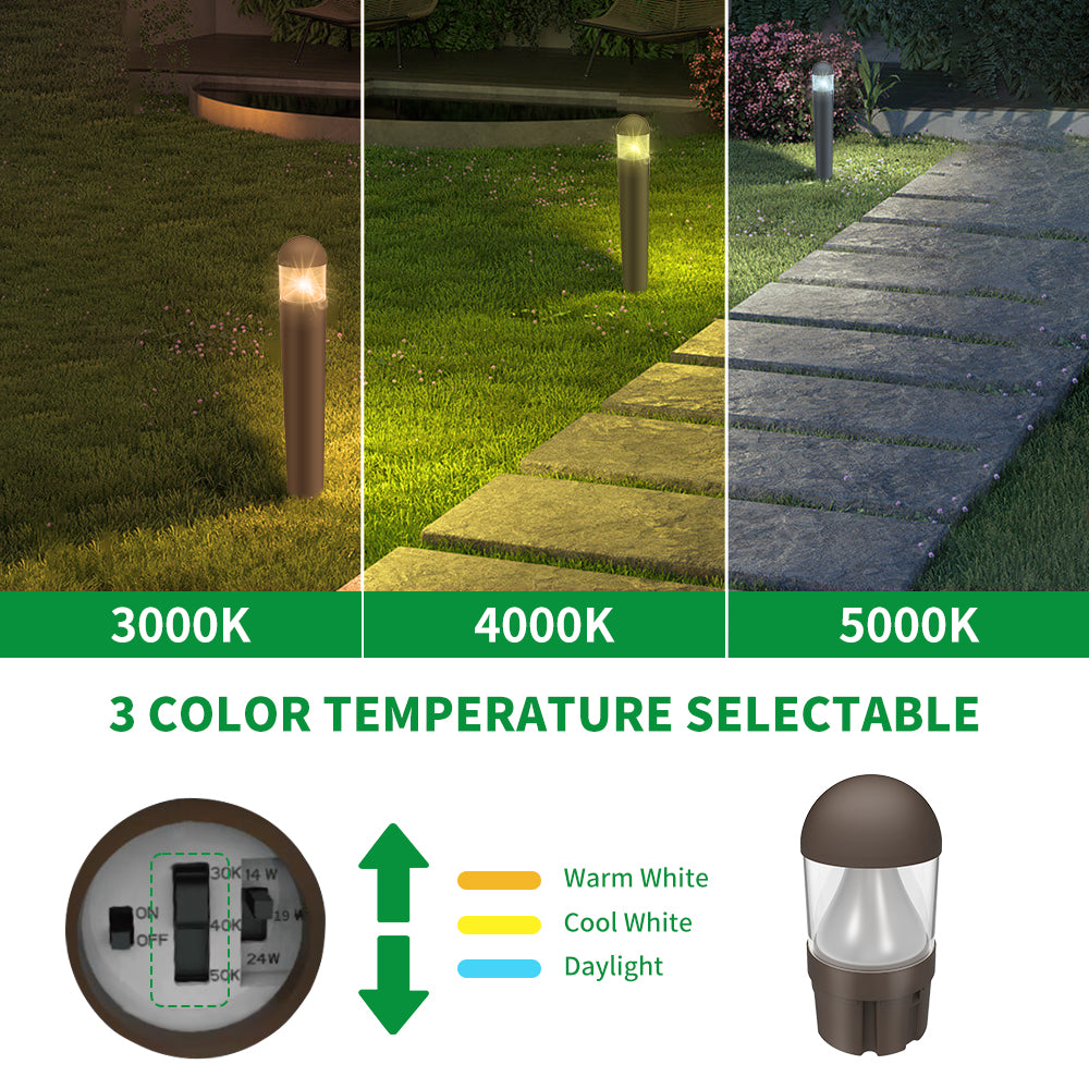 Haloitte Lighting Bronze Round Dome Top LED Bollard with Cone Reflector 120-277Vac Selectable Wattage 14W to 24W Selectable CCT 3000K to 5000K 0-10V Dim IP65 Outdoor