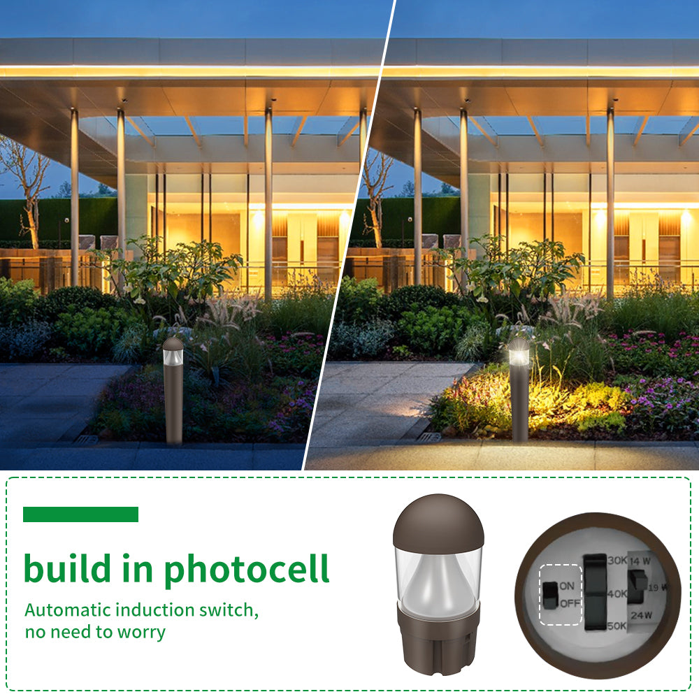 Haloitte Lighting Bronze Round Dome Top LED Bollard with Cone Reflector 120-277Vac Selectable Wattage 14W to 24W Selectable CCT 3000K to 5000K 0-10V Dim IP65 Outdoor