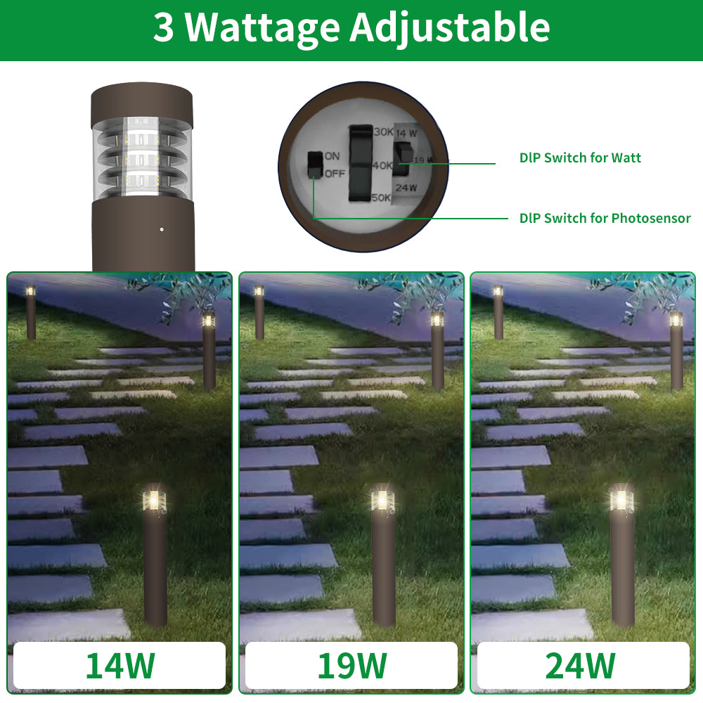 Haloitte Lighting Bronze Round Flat Top LED Bollard with Louvers 120-277Vac Selectable Wattage 14W to 24W Selectable CCT 3000K to 5000K 0-10V Dim IP65 Outdoor