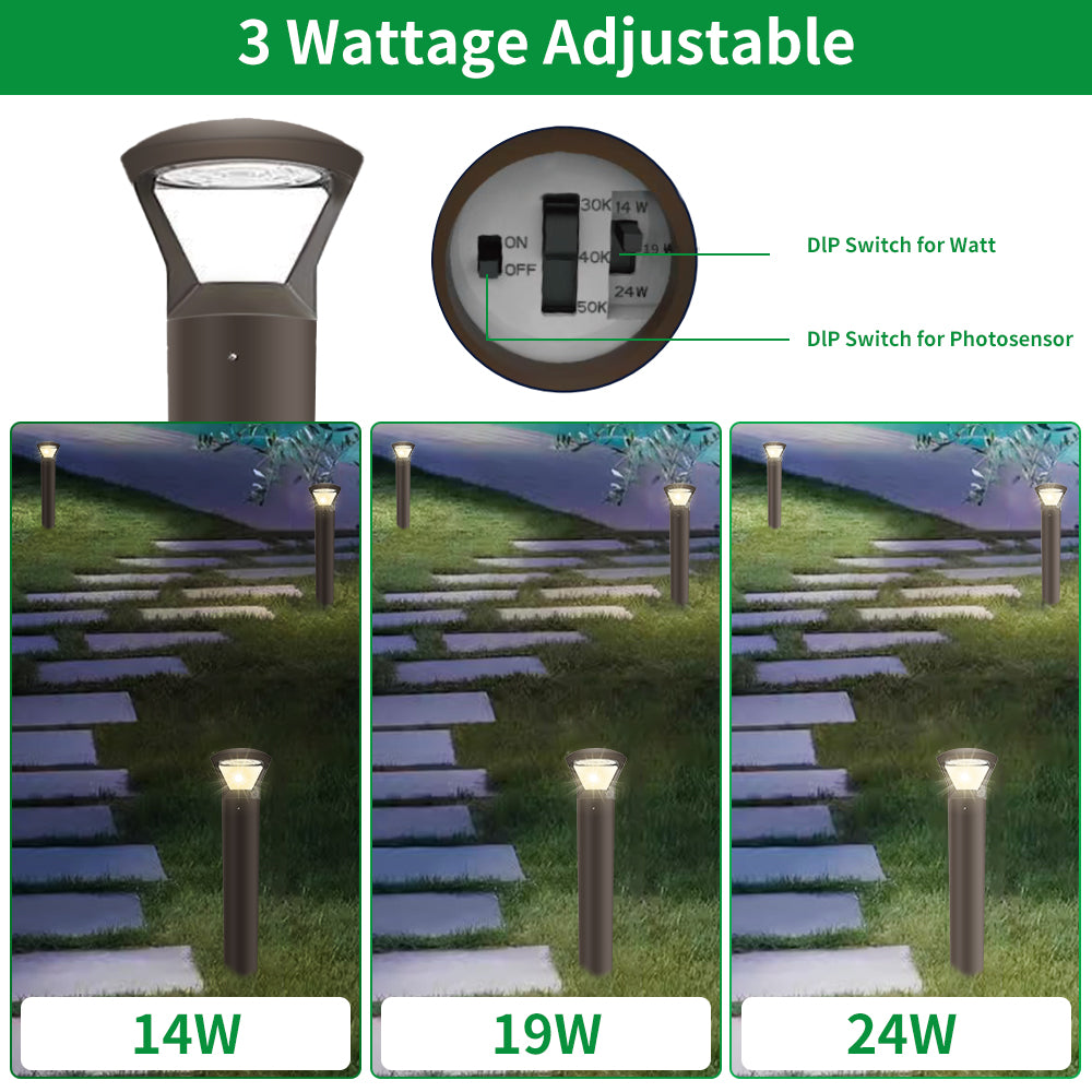 Haloitte Lighting Bronze Round Post-Top LED Bollard 120-277Vac Selectable Wattage 14W to 24W Selectable CCT 3000K to 5000K 0-10V Dim IP65 Outdoor