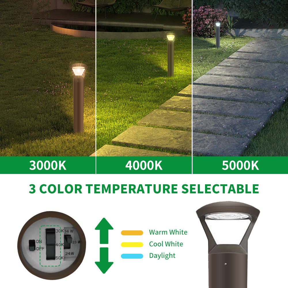 Haloitte Lighting Bronze Round Post-Top LED Bollard 120-277Vac Selectable Wattage 14W to 24W Selectable CCT 3000K to 5000K 0-10V Dim IP65 Outdoor