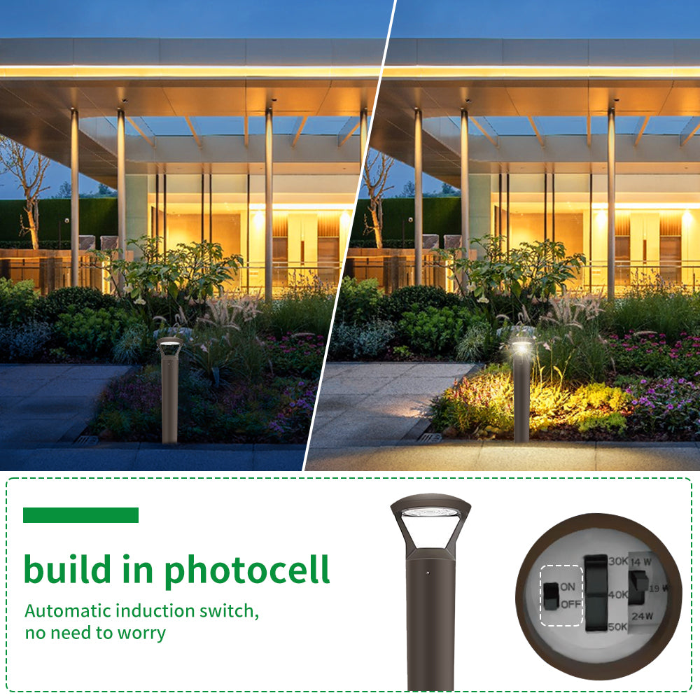 Haloitte Lighting Bronze Round Post-Top LED Bollard 120-277Vac Selectable Wattage 14W to 24W Selectable CCT 3000K to 5000K 0-10V Dim IP65 Outdoor