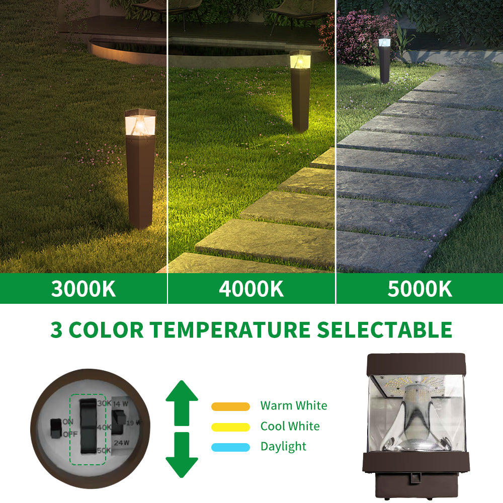 Haloitte Lighting Bronze Square LED Bollard with Cone Reflector 120-277Vac Selectable Wattage 14W to 24W Selectable CCT 3000K to 5000K 0-10V Dim IP65 Outdoor