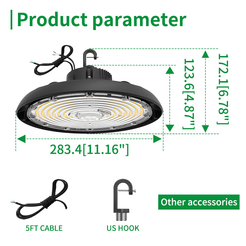 Haloitte Lighting LED UFO High Bay Light with Wire 120-277Vac Selectable Wattage 100W to 150W Selectable CCT 3500K to 5000K 0-10V Dim 1PK