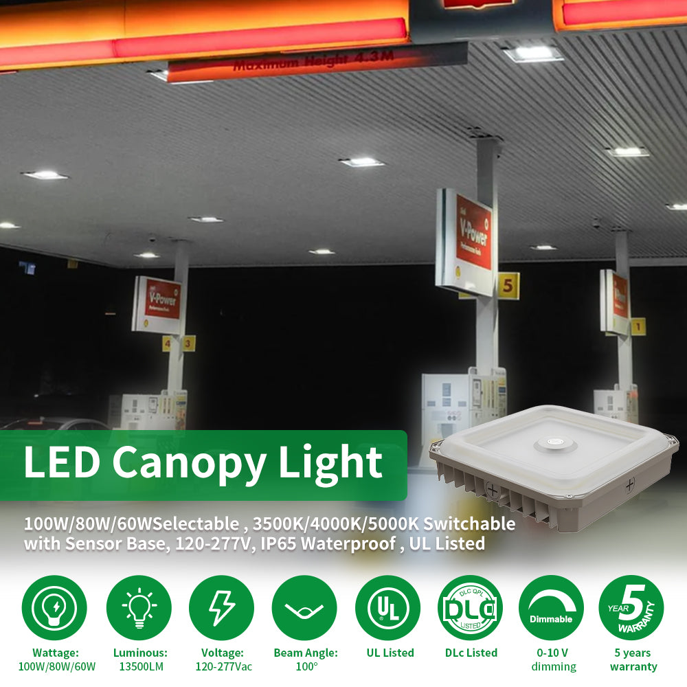 LED Canopy Light with Sensor Base 120-277Vac 100W/80W/60W 5000K/4000K/3500K 0-10V Dim Bronze