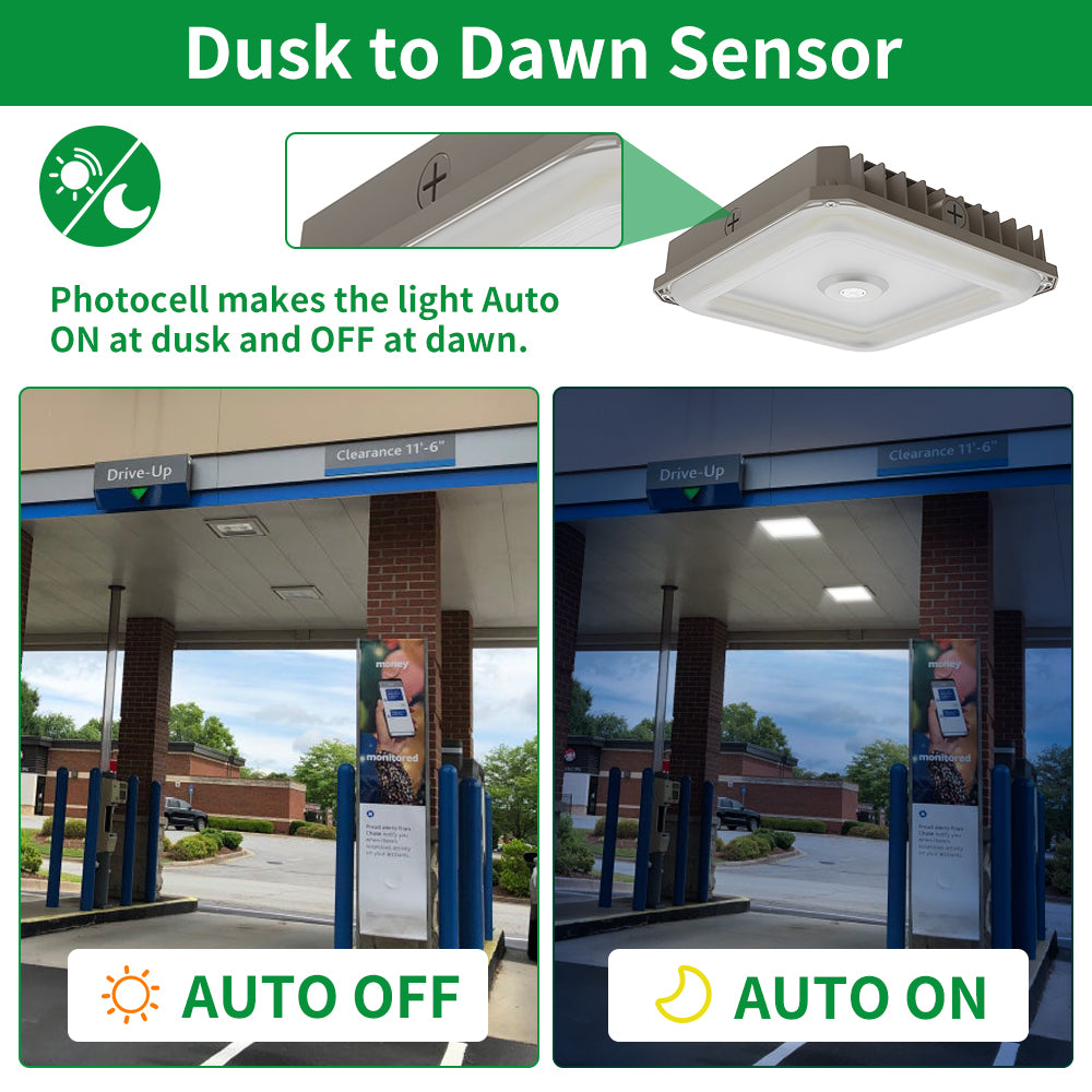 LED Canopy Light with Sensor Base 120-277Vac 100W/80W/60W 5000K/4000K/3500K 0-10V Dim Bronze