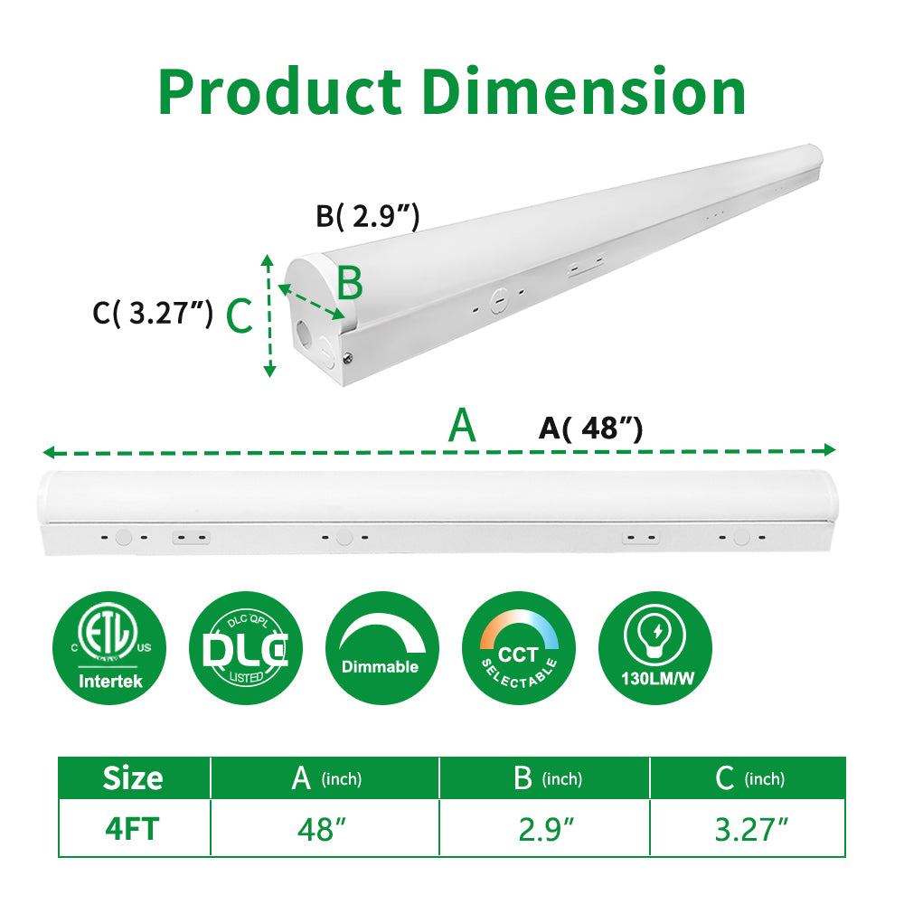 4FT LED Linear Strip Light with Sensor Base 120-277Vac 40W (3 Watts) 5000K (3 CCT) 0-10V Dim 5200LM 4PK