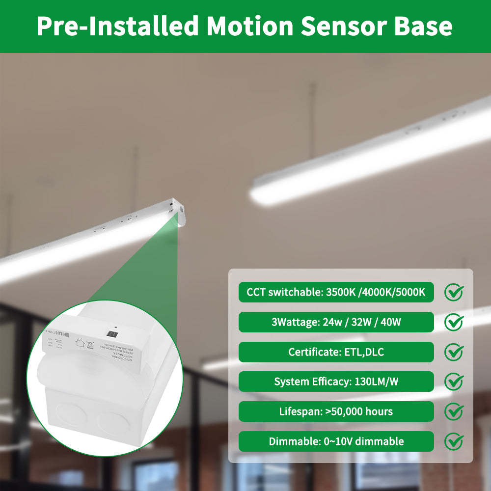 4FT LED Linear Strip Light with Sensor Base 120-277Vac 40W (3 Watts) 5000K (3 CCT) 0-10V Dim 5200LM 4PK